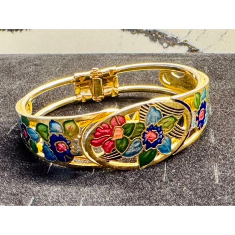 Vintage Cloisonne Floral Bangle Bracelet Gold Tone Enamel Hinged